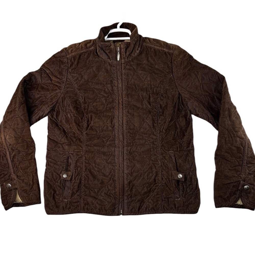 Eddie Bauer Jacket Women Large Brown Quilted Corduroy Zip Up Mock Neck Pockets
